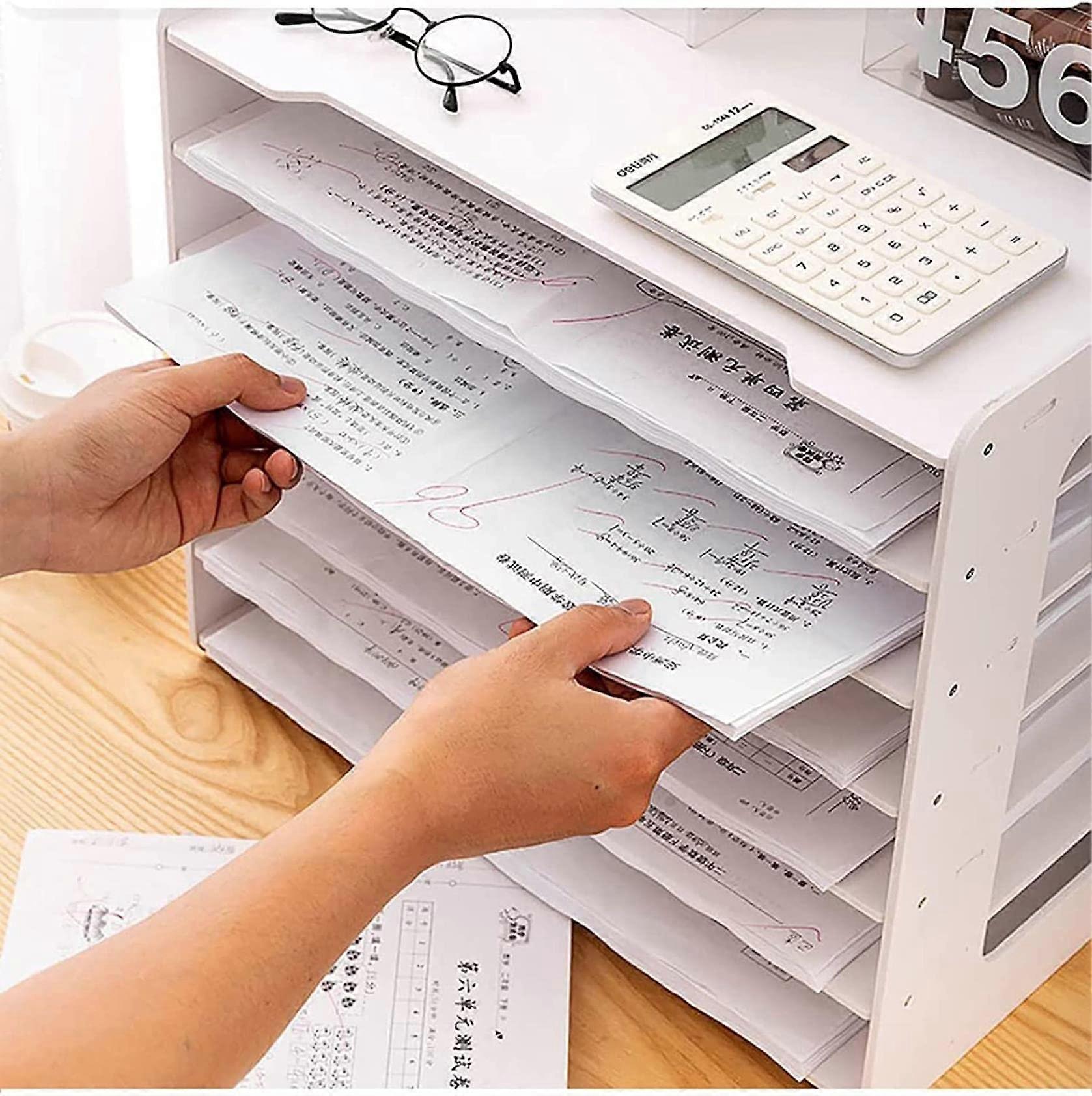 Extra Large A3 Paper Tray Office School White Desk Organiser with Storage Compartment and Magazine Rack