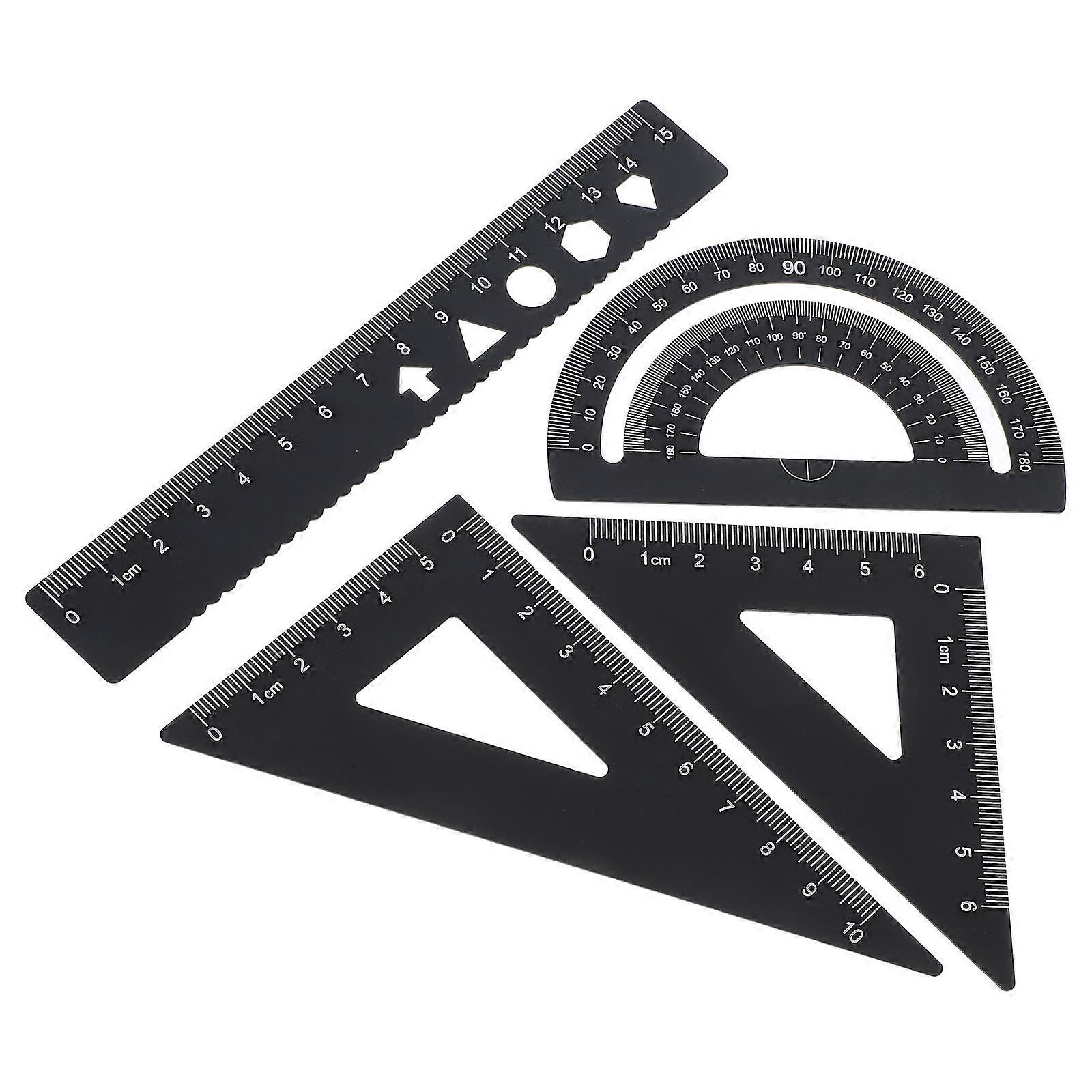 4pcs Aluminum Alloy Geometry Ruler Set with Triangle Protractor and Straight Rulers – Metal Drafting Tools for School, Students, Office, and Home Use