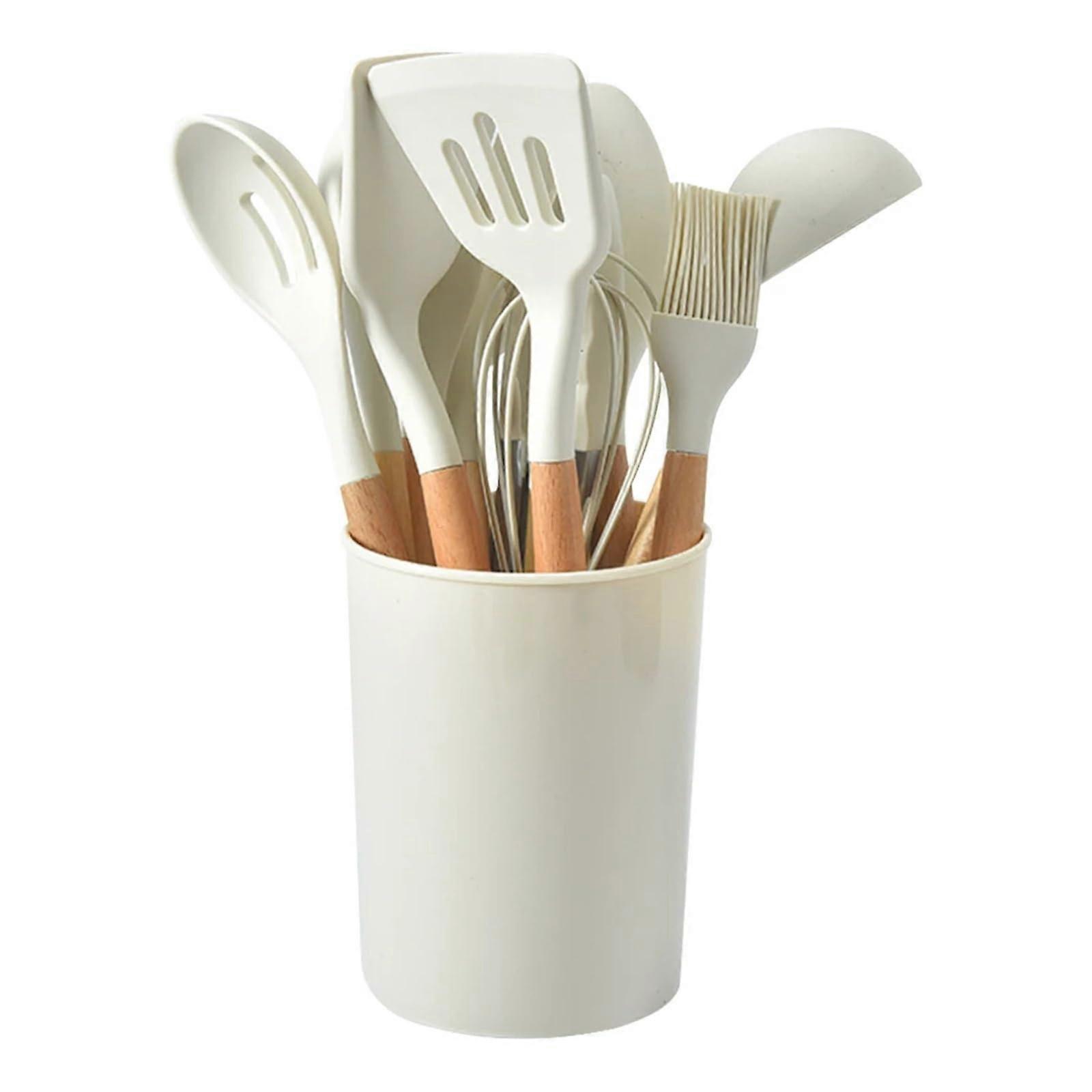 Silicone Spatula 12-Piece Set - Silicone Kitchen Utensils With Wooden Cookie Cutters, White/Pink White