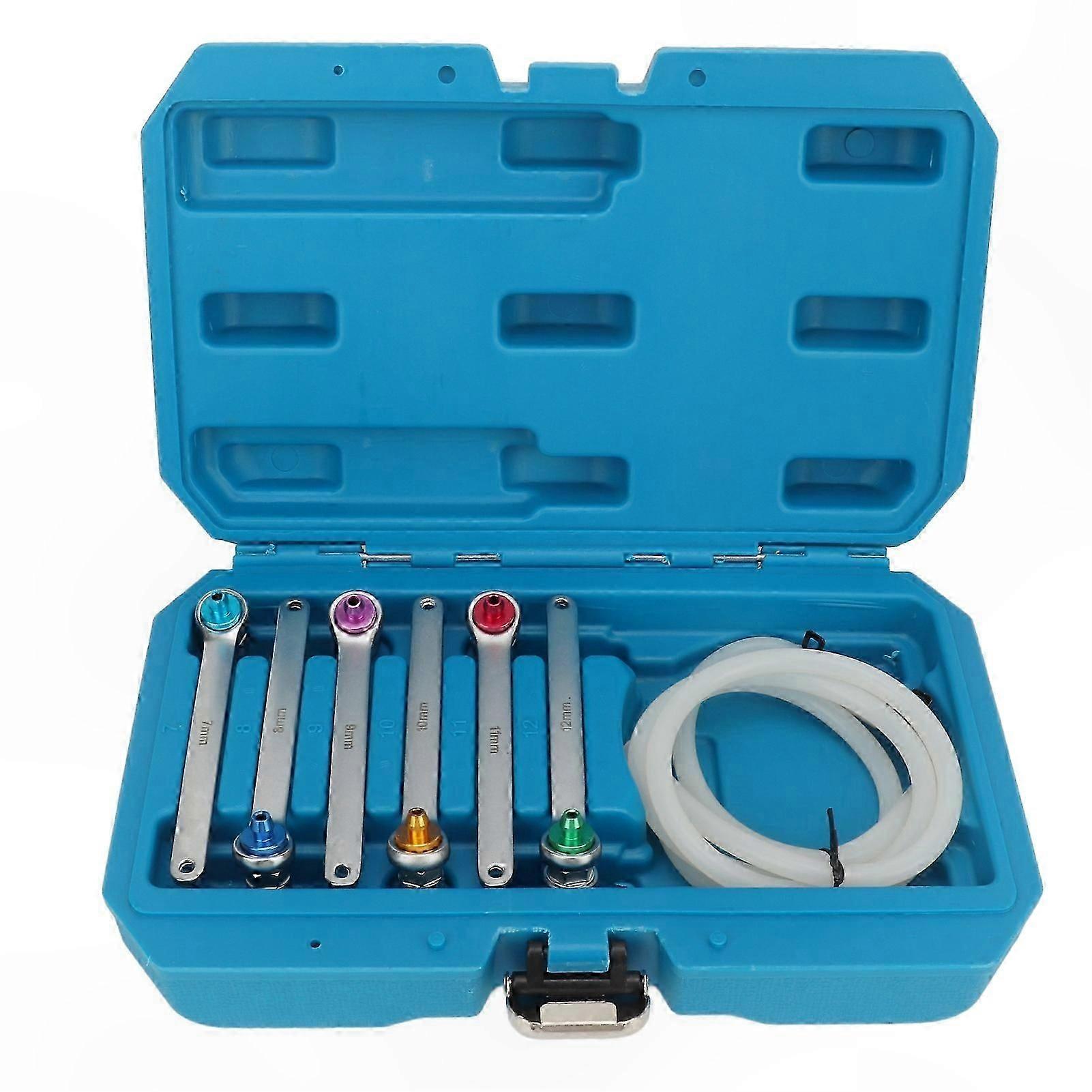12-Point Metric Wrench Set with Oil Drain Hose and Check Valve for Automotive Brake Bleeding 7mm to 12mm Size Range