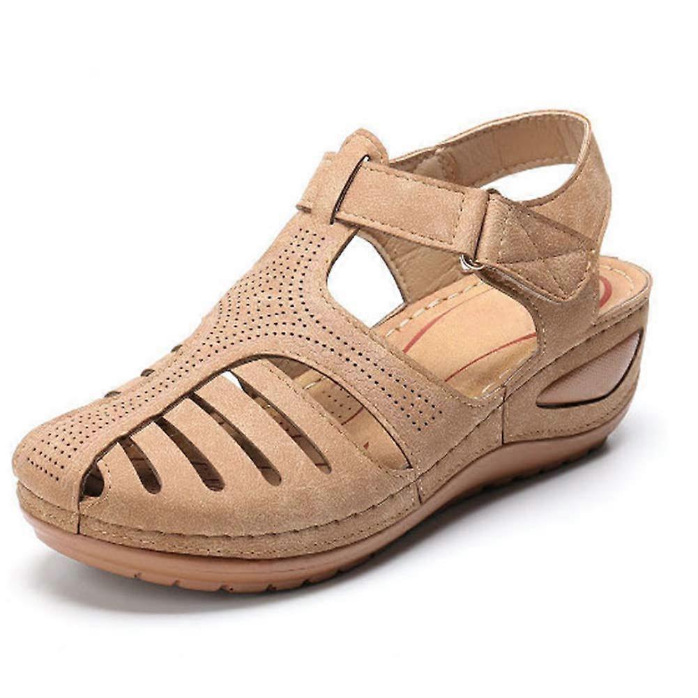 Women Summer Vintage Hollow Out Sandals with Hook Loop Closure, Comfortable Wedge Platform Shoes, Size 38 EU, Retro Style