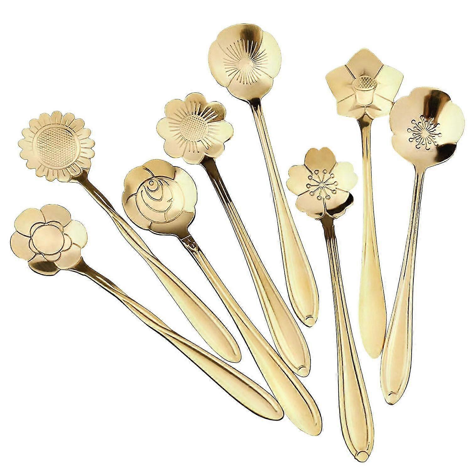 8x Gold Floral Dessert Spoons - Elegant Party Tableware for Special Occasions