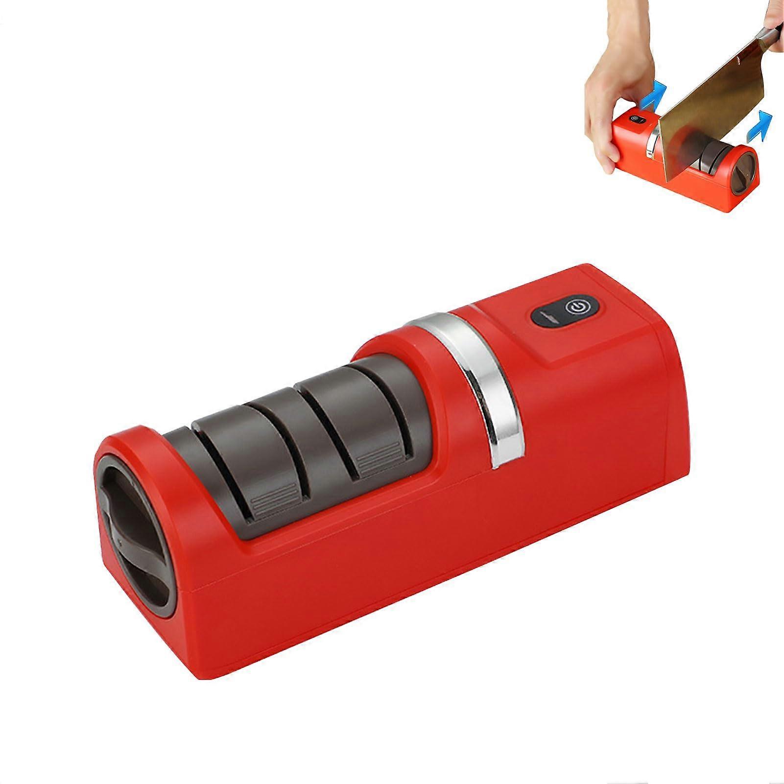 Electric Knife Sharpener USB Rechargeable With Coarse And Fine Grinding Wheels Non-Slip Base For Kitchen And Camping Red