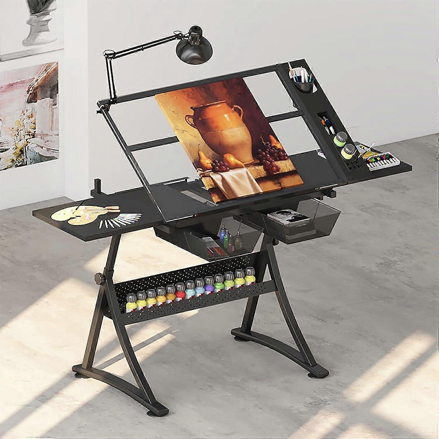 Drafting Table Adjustable Glass Writing Desk With Stool And 2 Storage Drawers For Adults And Artists