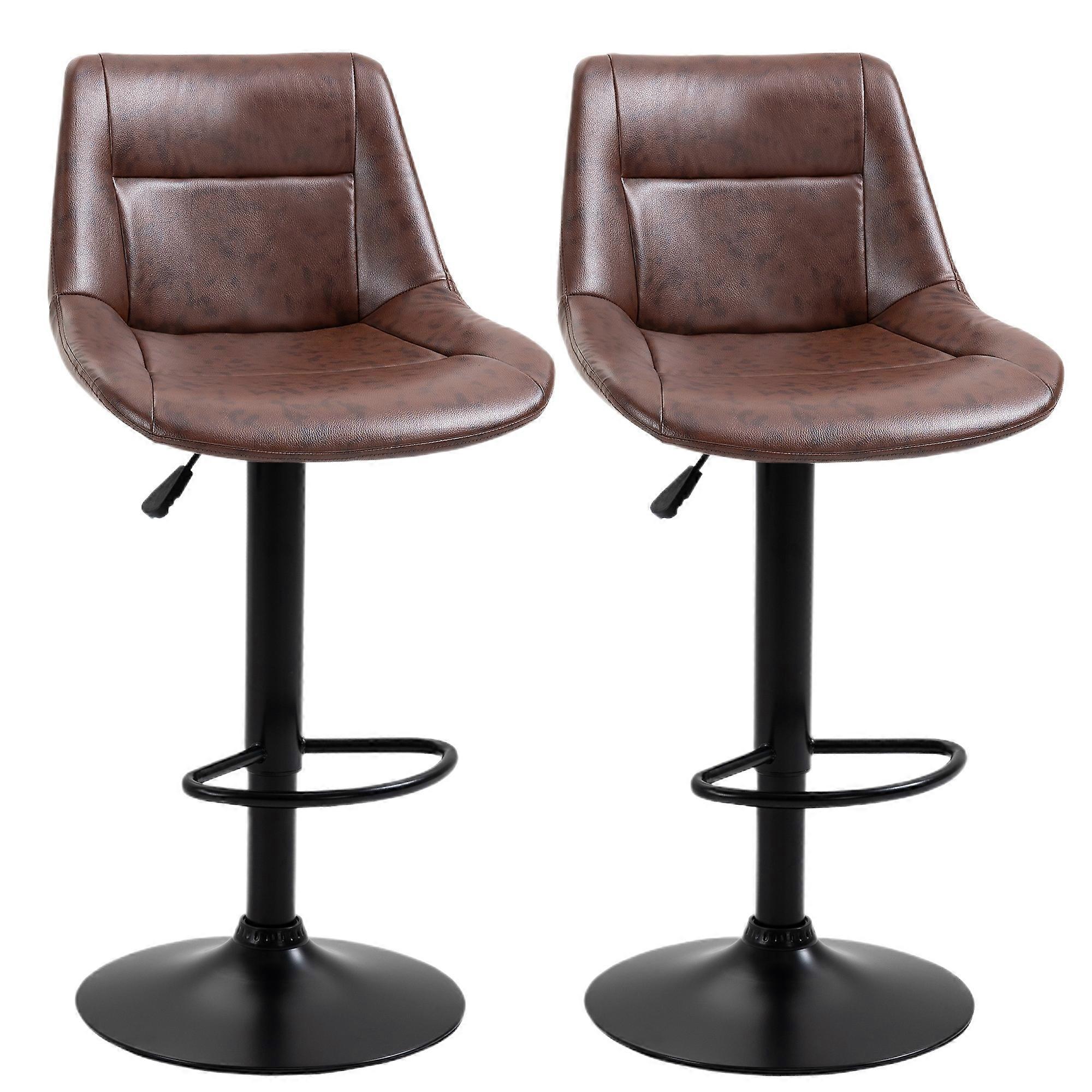2Pc Brown Adjustable Height Bar Stools Backrest Swivel Leather