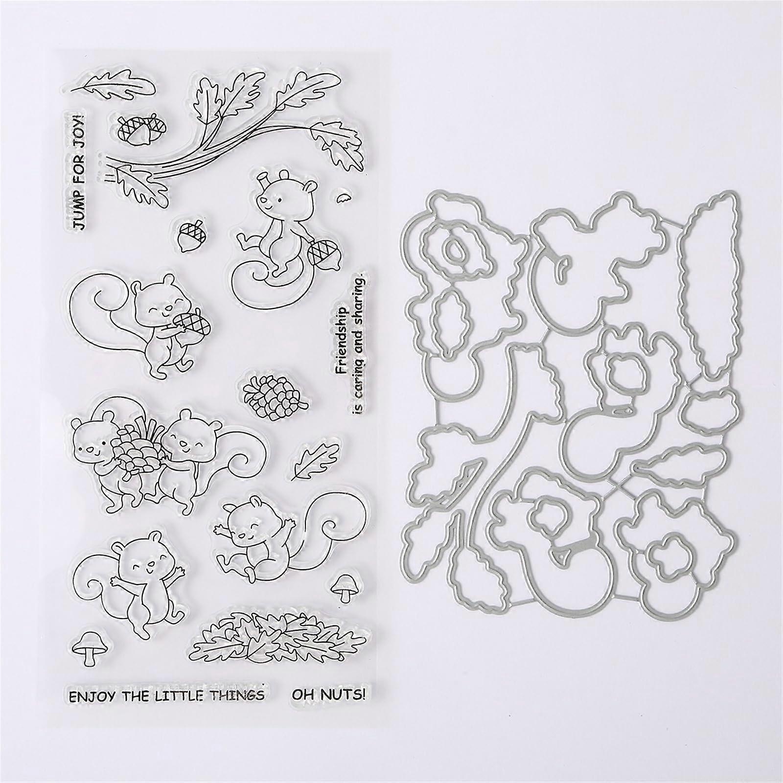 Autumn Squirrel Pinecone Stamp and Die Sets for Card Making, Clear Stamps and Cutting Dies for Paper Crafts and Albums