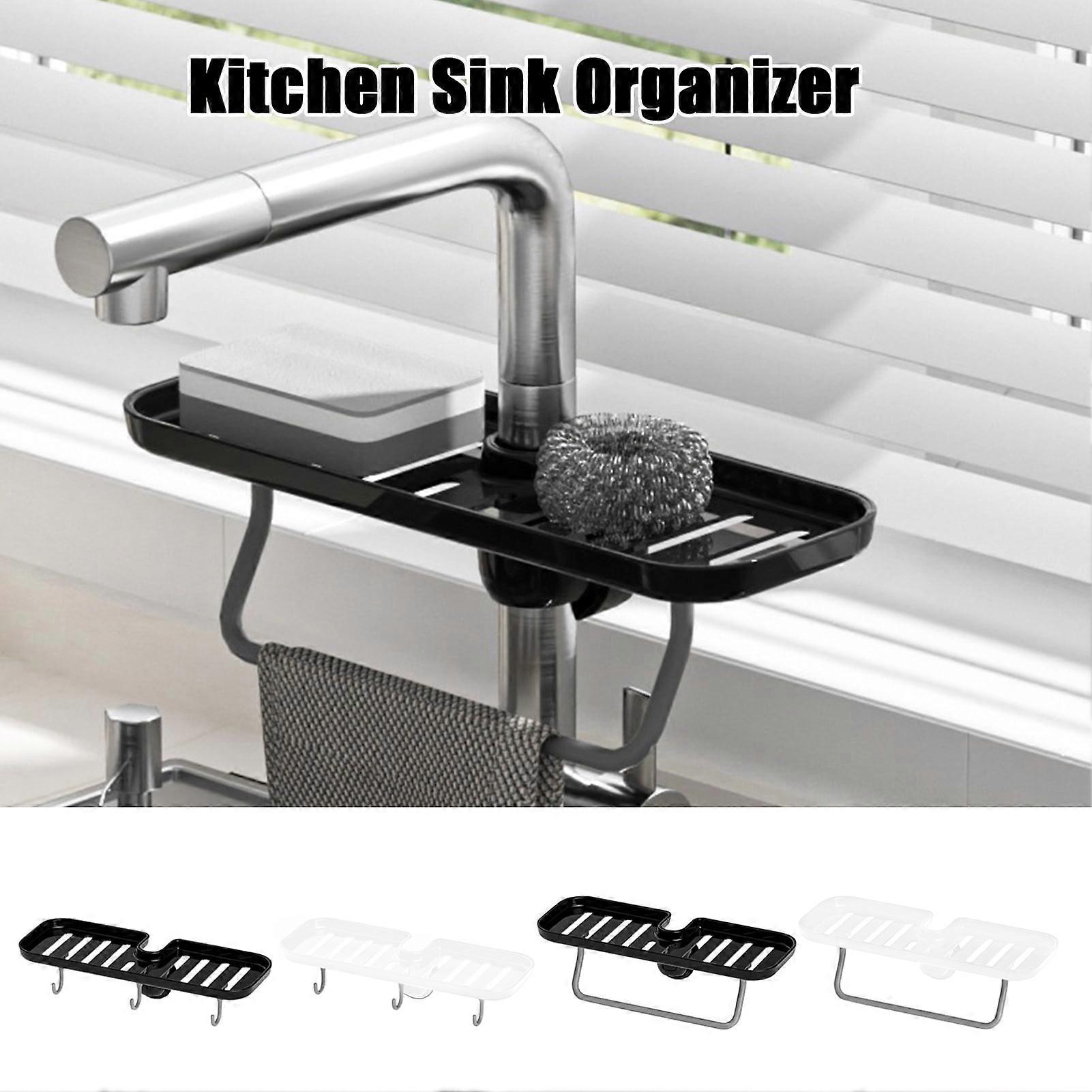 SUSUchens Faucet Storage Rack Sponge Holder Strong Load-bearing Hollow Design Easy to Install Kitchen Sink Caddy Organizer Drain Rack Black Size A