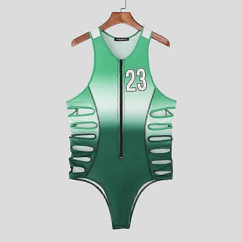 INCERUN Men Strap Sleeveless Gradient Letter Print Hollow Out Briefs Bodysuits Jumpsuits 