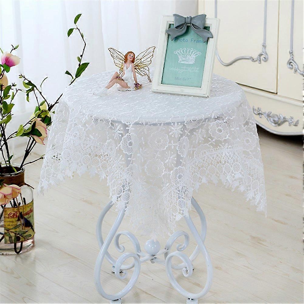 Vintage Lace Embroidered Floral Tablecloth with Sheer Mesh Overlay for Round Table 150cm