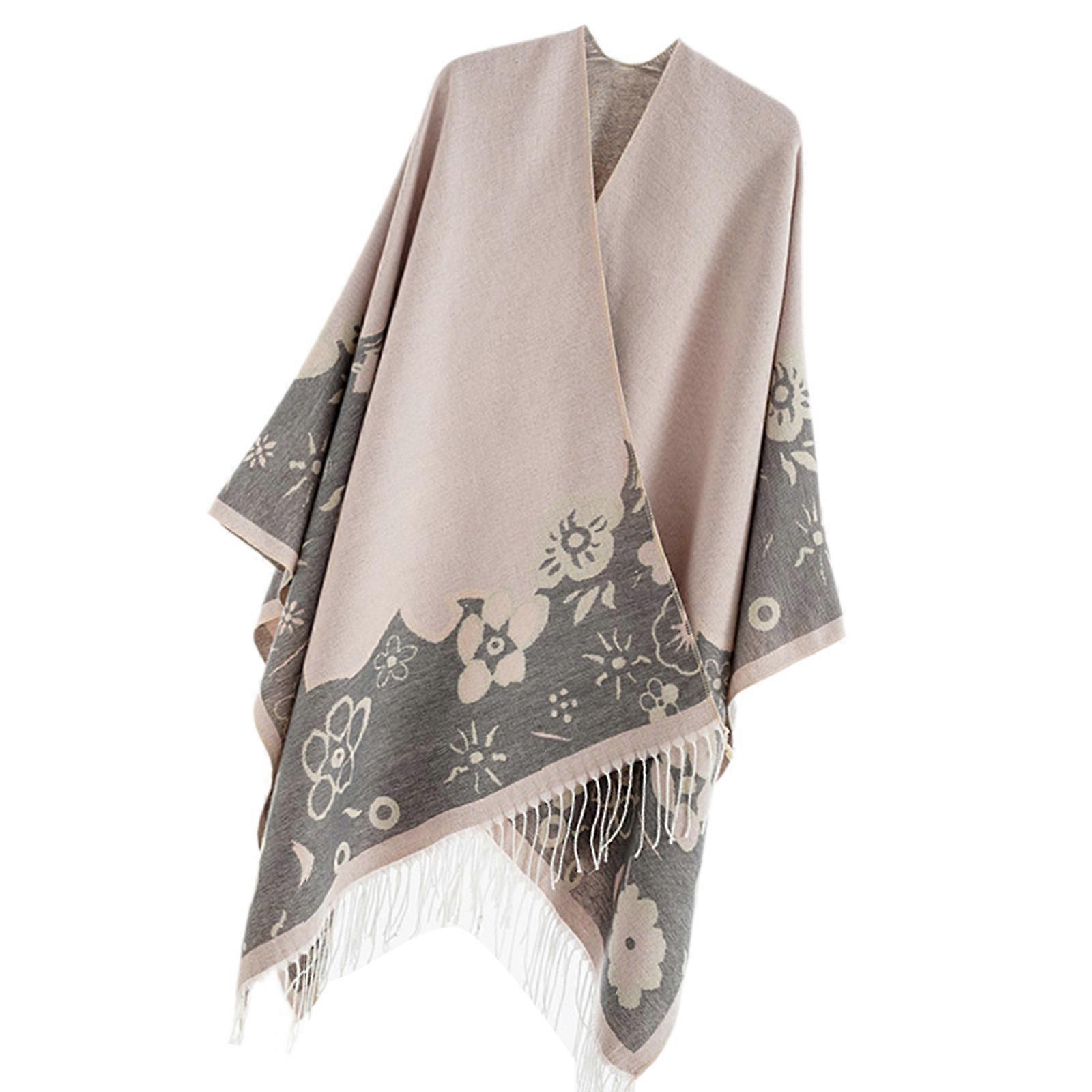 Women's Vintage Flower Pattern Tassels Open Front Ponchos Capes Color Block Cardigan Wrap Shawl Fringe Sweater Cloak  Pink