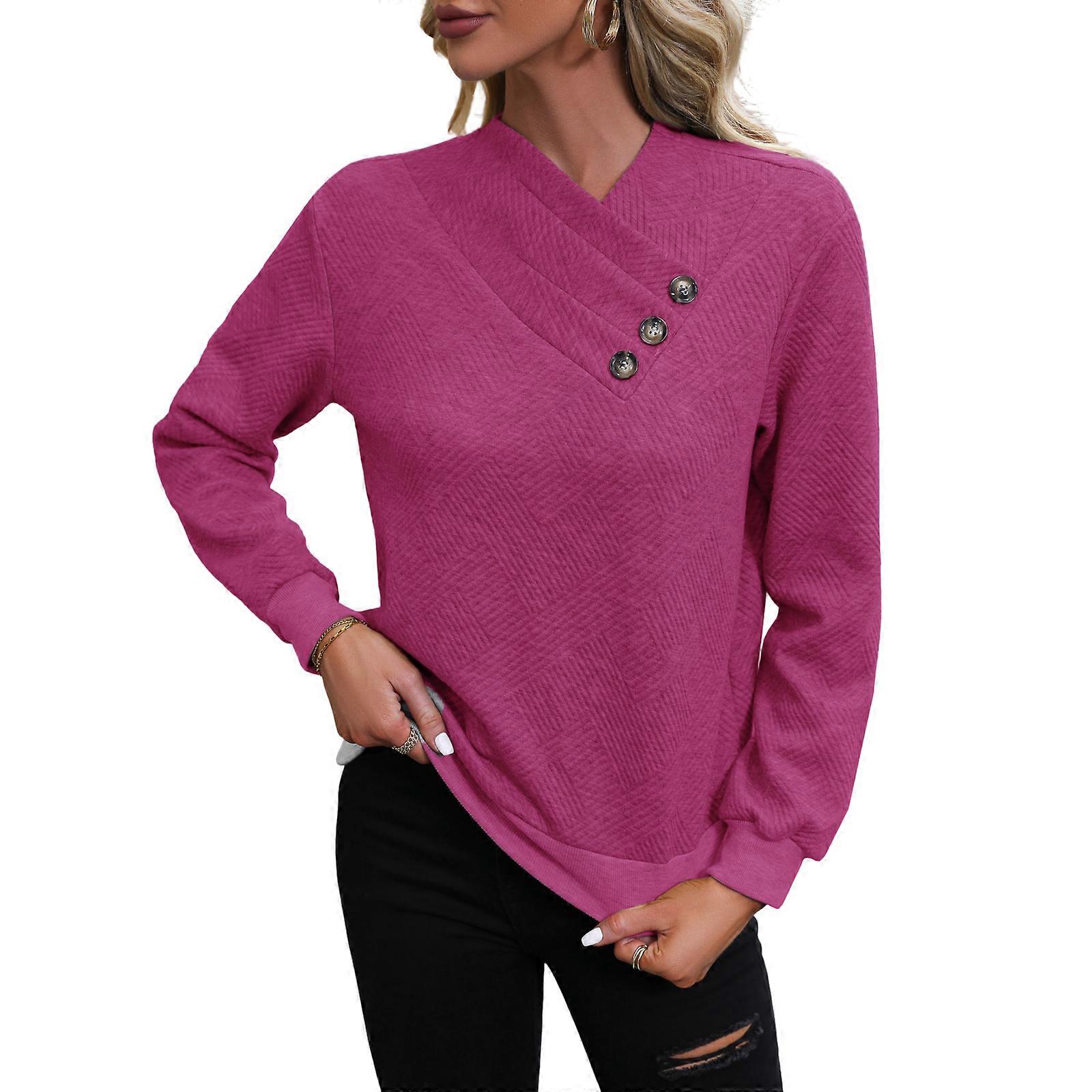Women's casual long-sleeved button-down sweatshirt, non-stretch knit solid color tight-fitting sweater  Rose Red XL