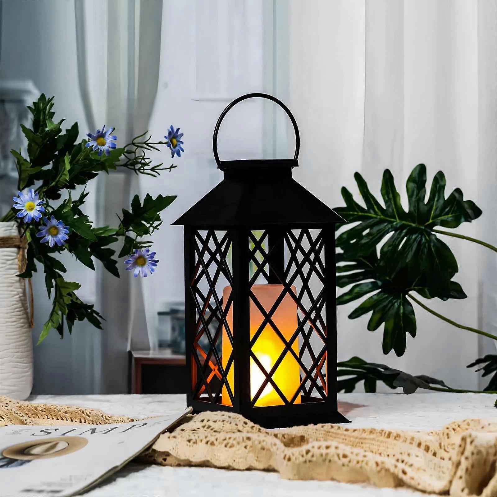 Outdoor Hanging Lantern with Realistic Flame, IP44 Waterproof, Battery Powered, Timer, Black