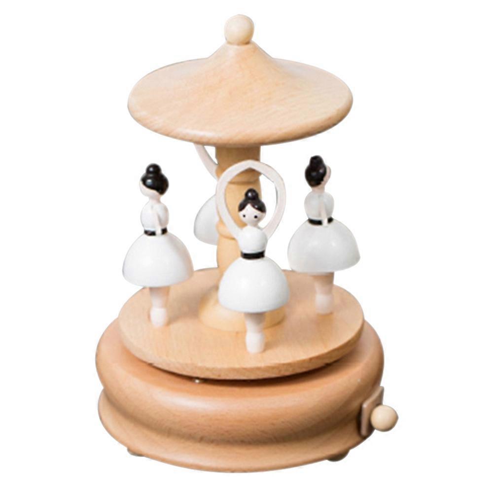 Wooden Carousel Music Box with Hand Crank Rotating Function