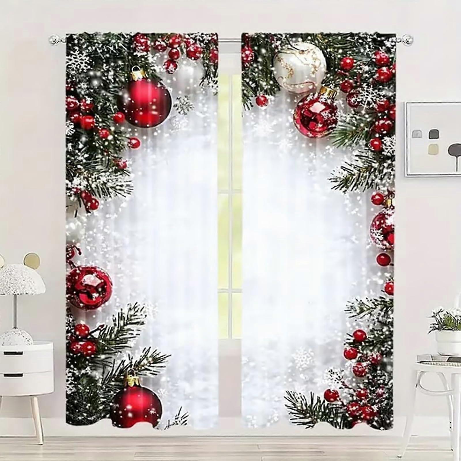 Christmas Ball Holiday Curtains 2D Snowflake Print Soft Light Filtering Rod Pocket 27.5x87in