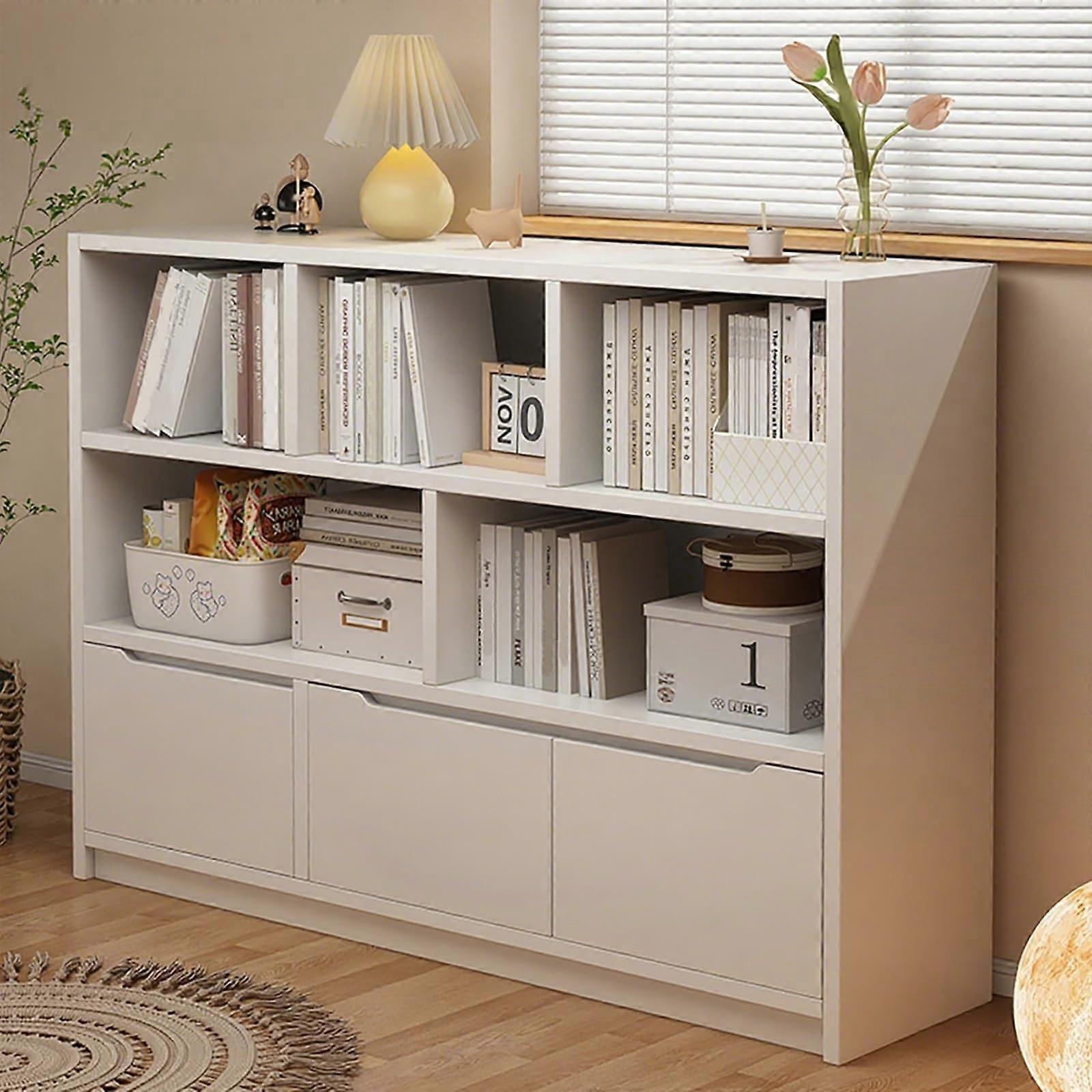 Modern Wooden Bookshelf with Cabinet and 3 Drawers, White Freestanding Bookcase 100cm
