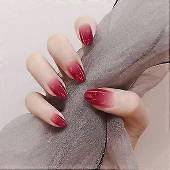 Gradient Press On Nails Set Oval Short Full Cover Fake Nails Reusable Glossy Mirror 24 Pcs