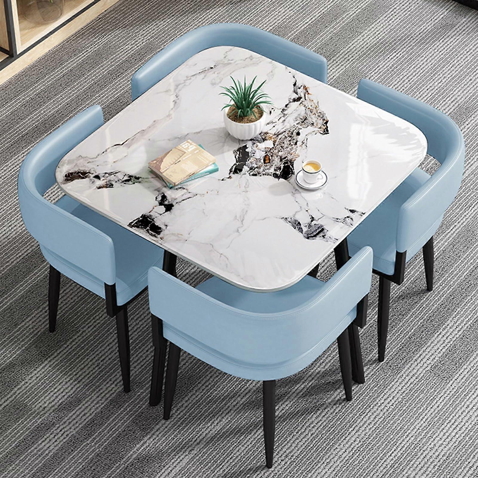 Square Dining Table and Chairs Set for 4, Rock Board , PU Upholstered Seats, Blue