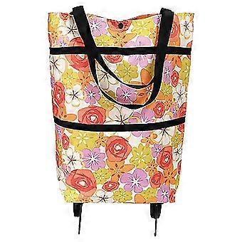 Sammenfoldelig indkøbstaske på hjul med stor kapacitet, vandtæt Oxford-trolley, genanvendelig blomsterdesign