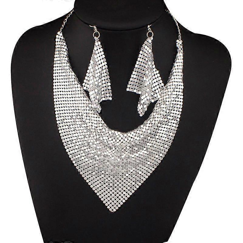 2Pcs/Set Women Triangular Scarf Sequins Charm Statement Bib Necklace Earrings