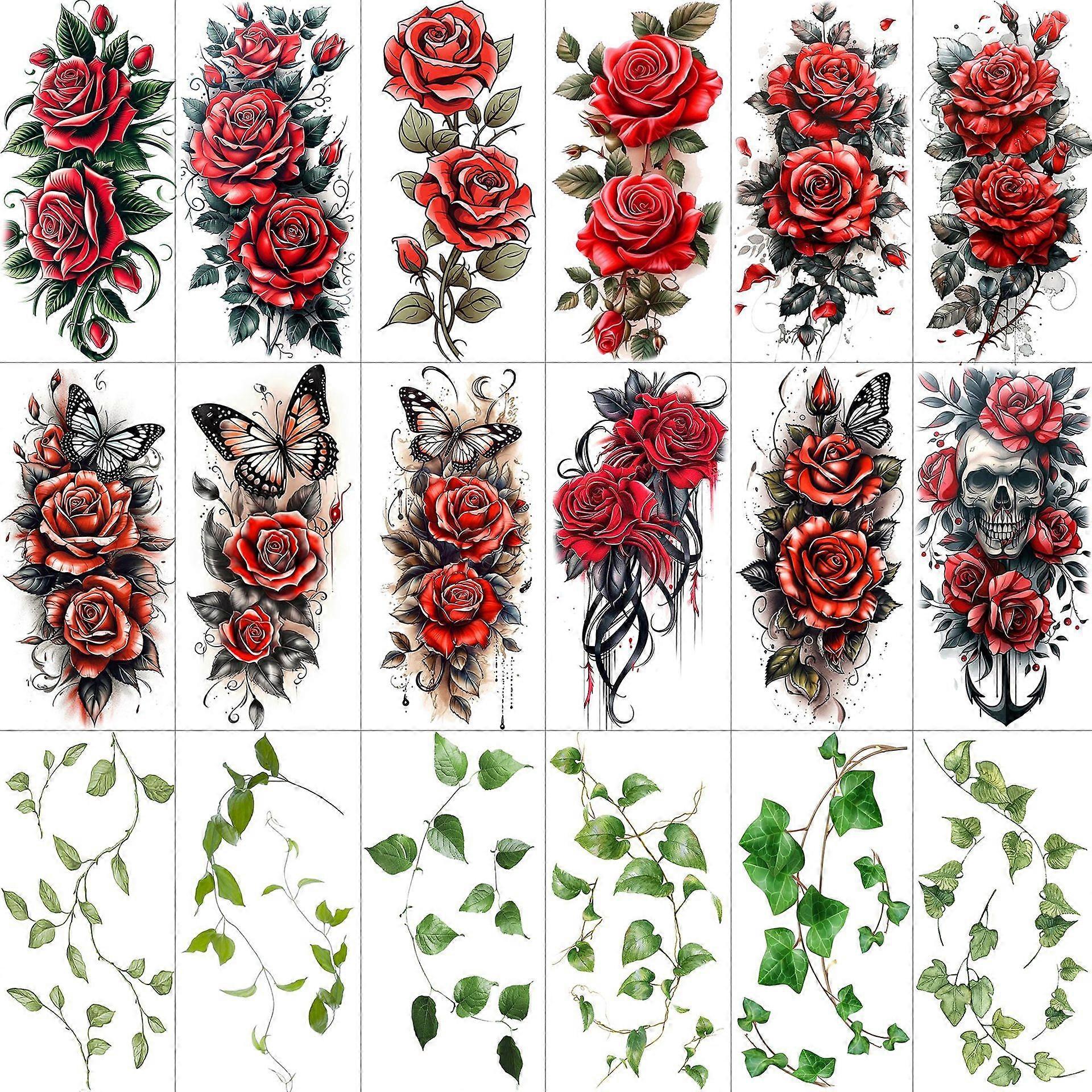 Ins Rose Leaf Temporary Tattoos 18-Piece Set Mixed Colors