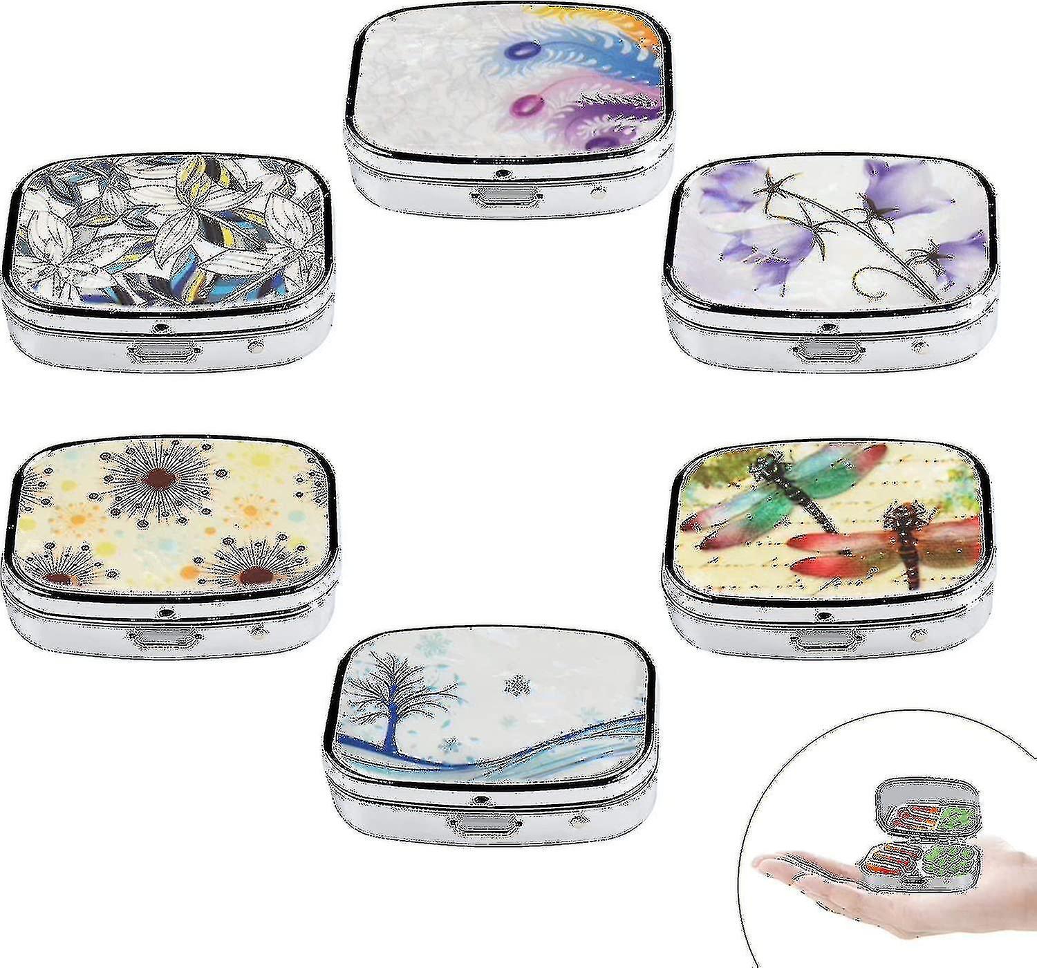 Pack Of 6 Pill Boxes, Pill Case, Pill Box, Metal With L, 2 Compartments, Portable Travel