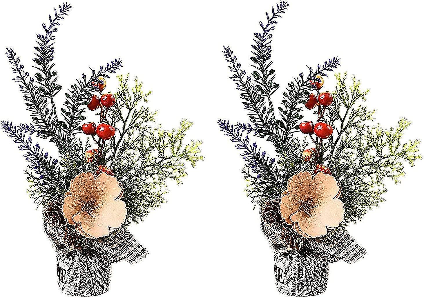 Set of 2 Mini Artificial Christmas Trees, 9.5 ', with Fabric Bag Base and Flower for Home Decor, A1