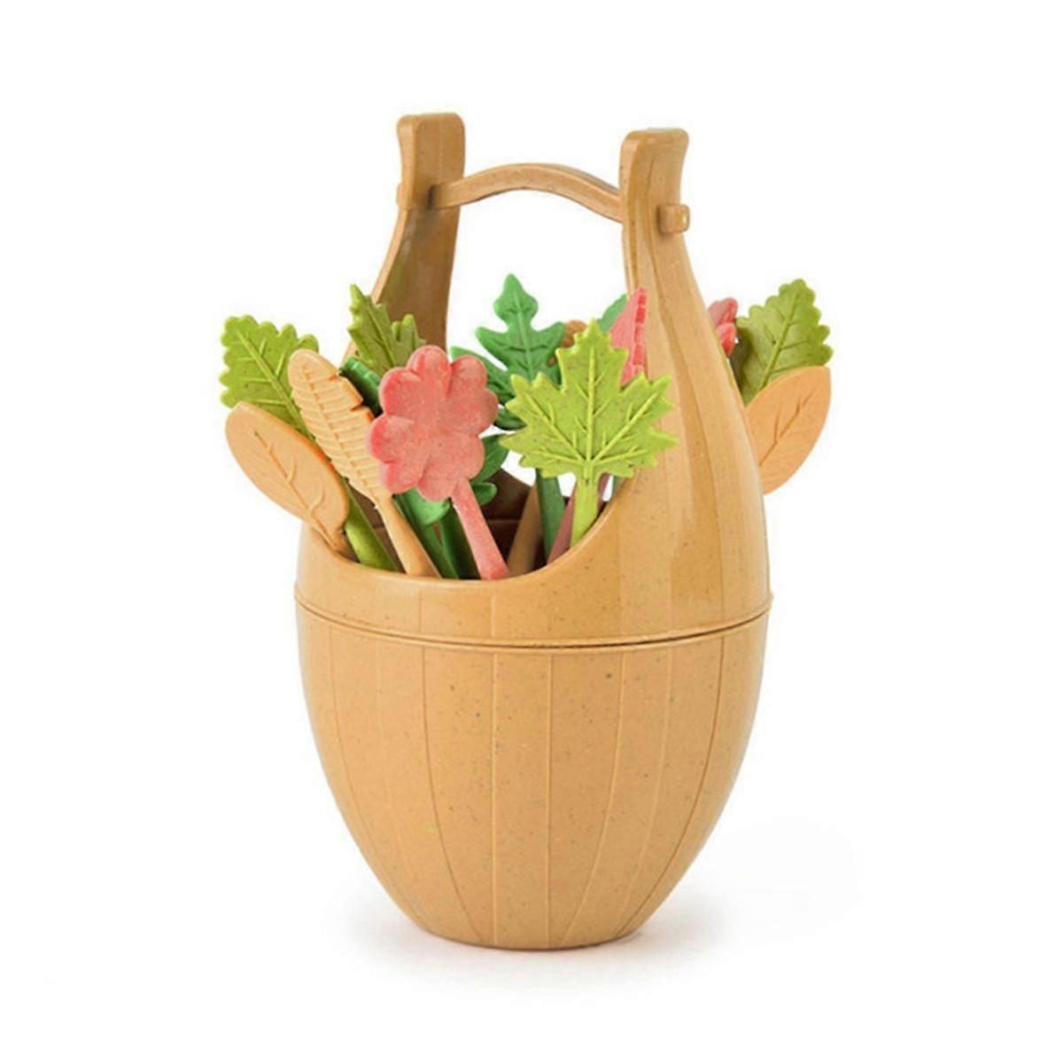 Children'S Wheat Straw Fruit Fork with Storage Bucket Bento Box Decorated Fruit Cocktail Dessert, Mini Toothpick,Brown