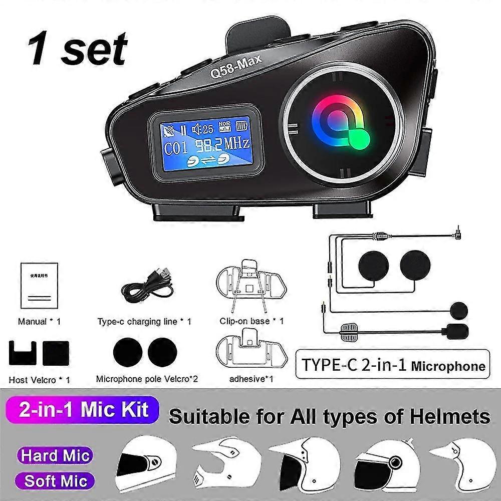 Bluetooth Motorcycle Intercom Helmet Headsets Wireless Communication Interphone BT 5.3 FM LED Screen Music Share For 2 Rider