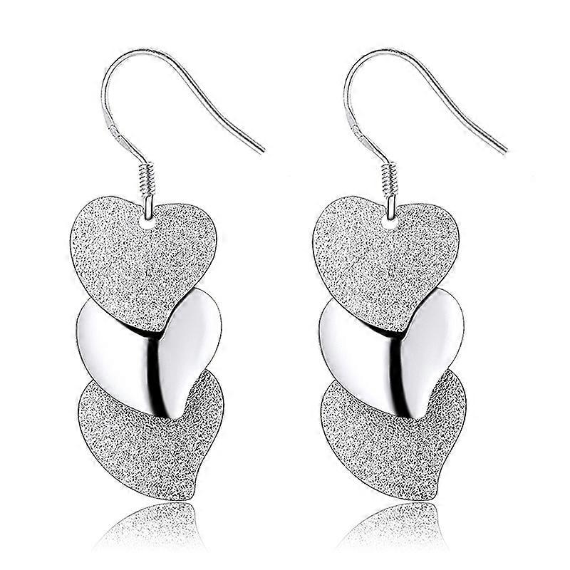 Long Silver Earrings - Dangling Sparkling & Shiny Hearts Silver