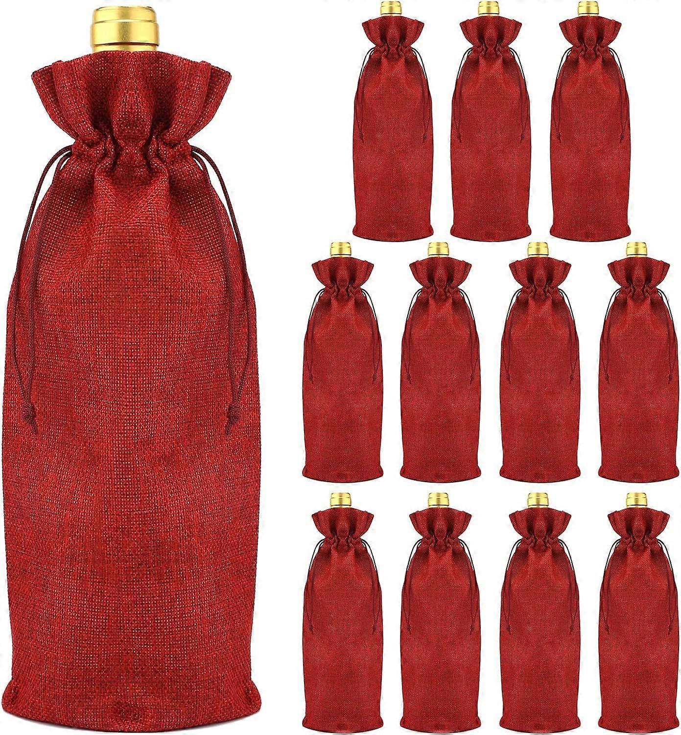 12PCS Burlap Wine Bag with Drawstring - 16 x 36CMRed, Reusable for Wine Bottle Decoration for Wedding,Party,Holiday