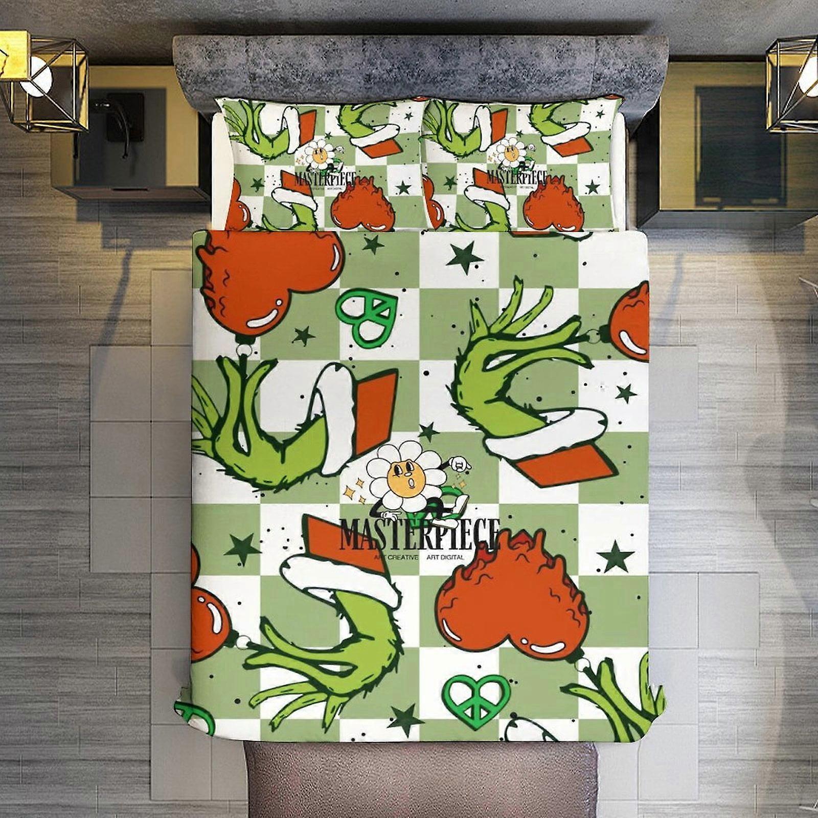 v3321 Lençóis de Cama Natal Mágico Grinch 3 Peças Conjunto de Capa de Edredom Tamanho Completo Super Macio Resistente ao Desbotamento Microfibra 1 Capa com Zíper e 2 P