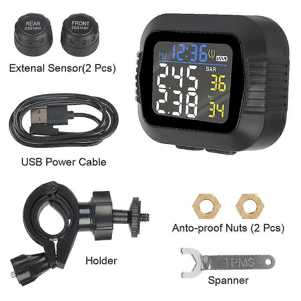 Con 2 sensori esterni Display colorato Lcd Allarme temperatura Sistema di monitoraggio della pressione dei pneumatici Tpms moto in tempo reale