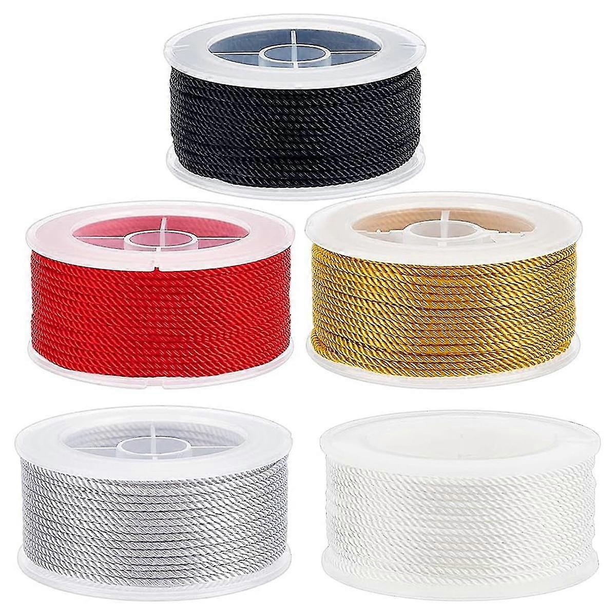 71 Yd/65m 2mm Twisted Nylon Cord 3-ply Satin Nylon Trim Cord Macrame Thread String Cord Braided Beading Cord,5 Colors