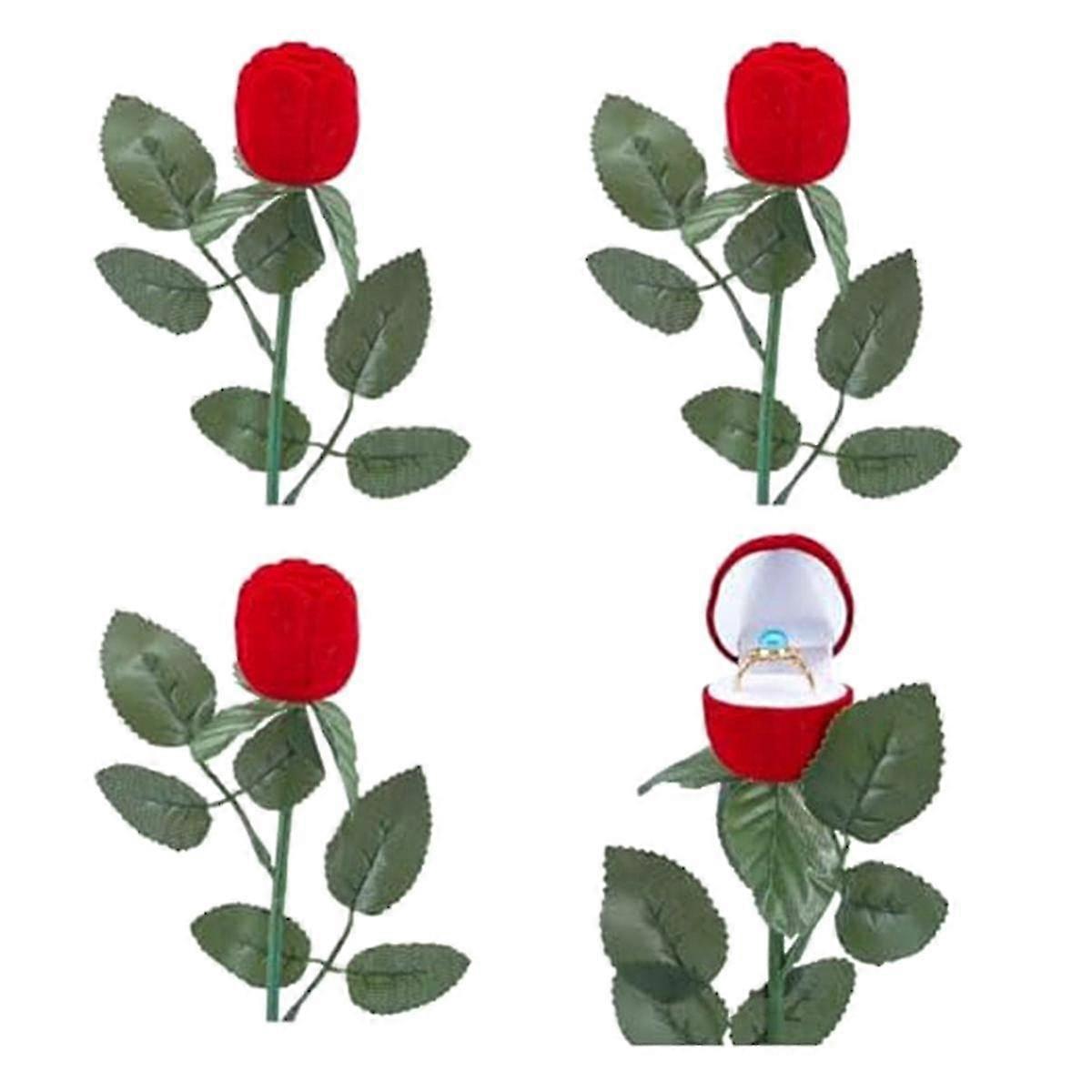 4pcs Rose Ring Box Red Rose Shape Earring Ring Jewelry Boxes Romantic Proposal Ring Case Gift Box Packaging