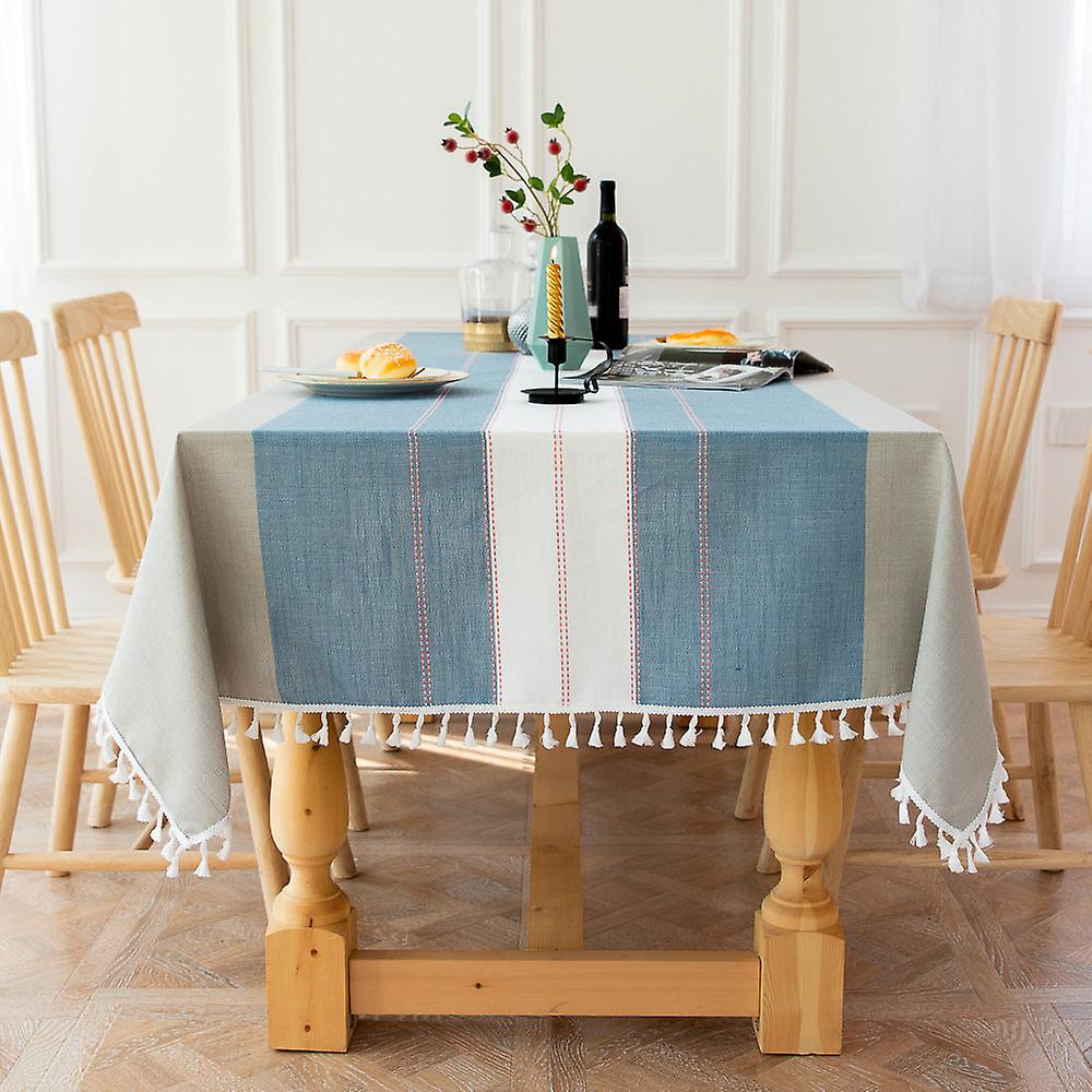 Hg-021 Toalha de Mesa de Linho de Algodão com Borla de Costura Listrada Azul