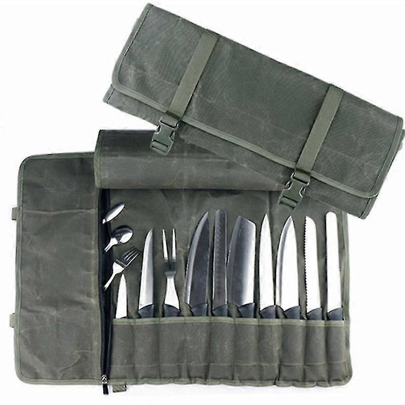 Canvas Chef Knife Roll Bag - 10 Knife Slots And A Large Zipper Pocket - Durable Canvas Knife Case - Knives Not Included