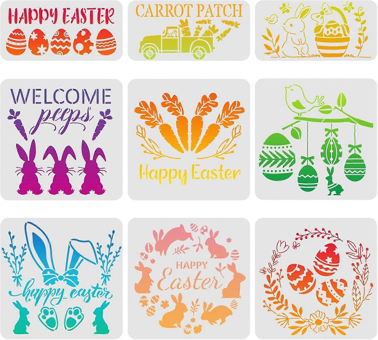 9 Pcs Easter Stencils Happy Easter Drawing Painting Templates Sets Plastic Egg Rabbit Birds Stencils Easter Template Sets for Painting on Wood Floor W