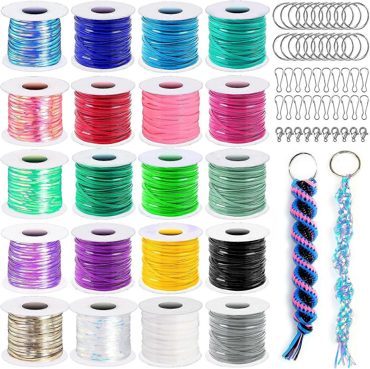 Boondoggle Lanyard String Kit with 20 Rolls Plastic Lacing Cord and 50Pcs Keychain Lanyard Accessories, Gimp String Weaving Kit for Keychain Crafts, B