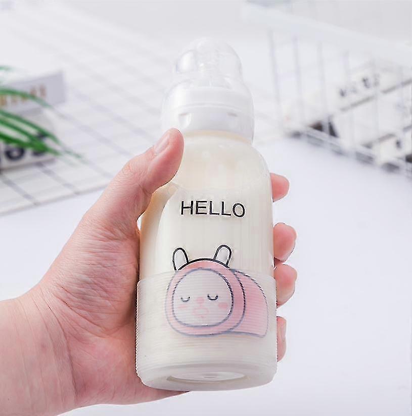 Baby Straw Glass Bottle With Scale Portable Bottles With Nipple BPA Free(Pink Rabbit)