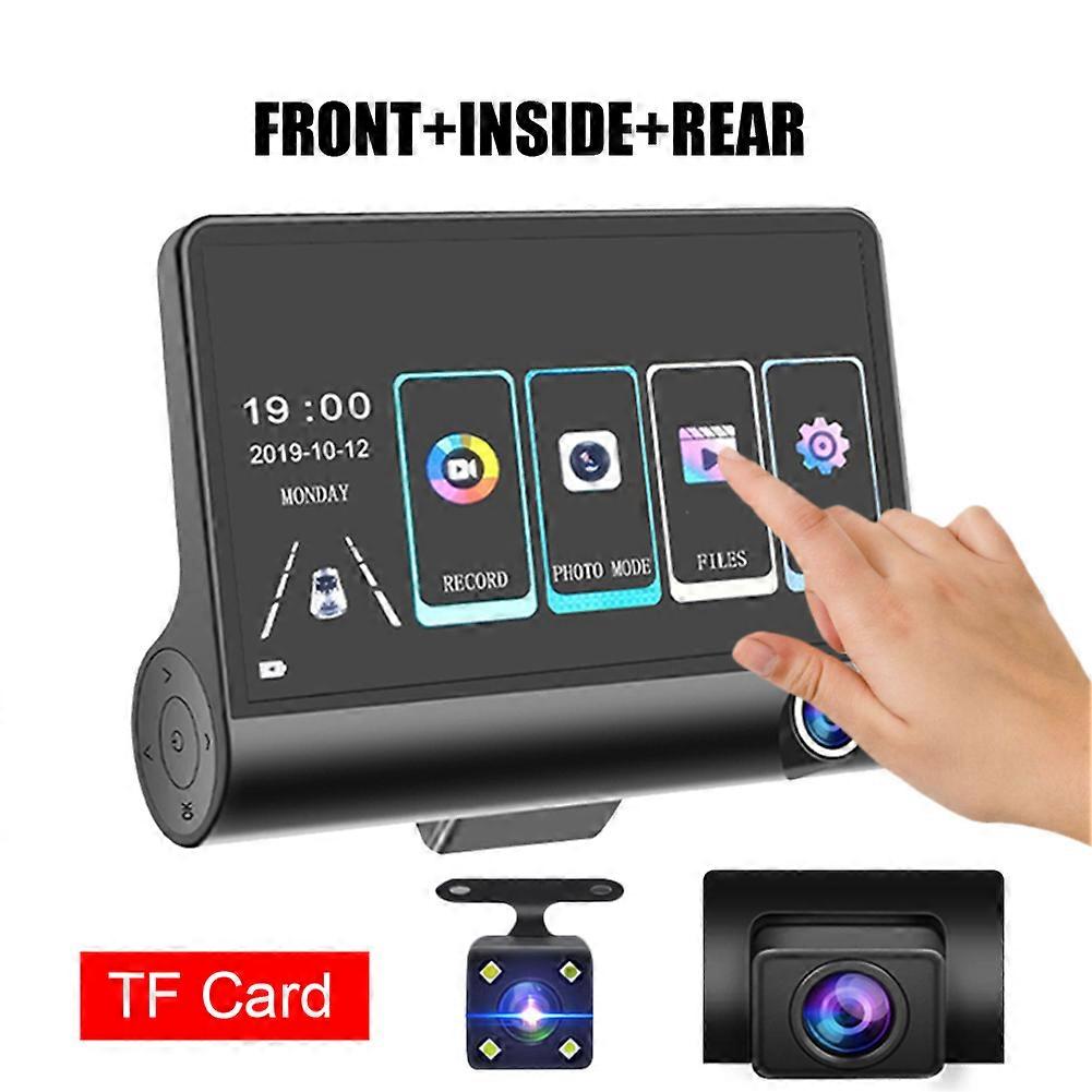 3 Lens Dash Camera 4" Touch Screen Dash Cam 1080P Car Video Recorder Front Inside Rear Cam Blcak Box Loop Recording G-Sensor DVR