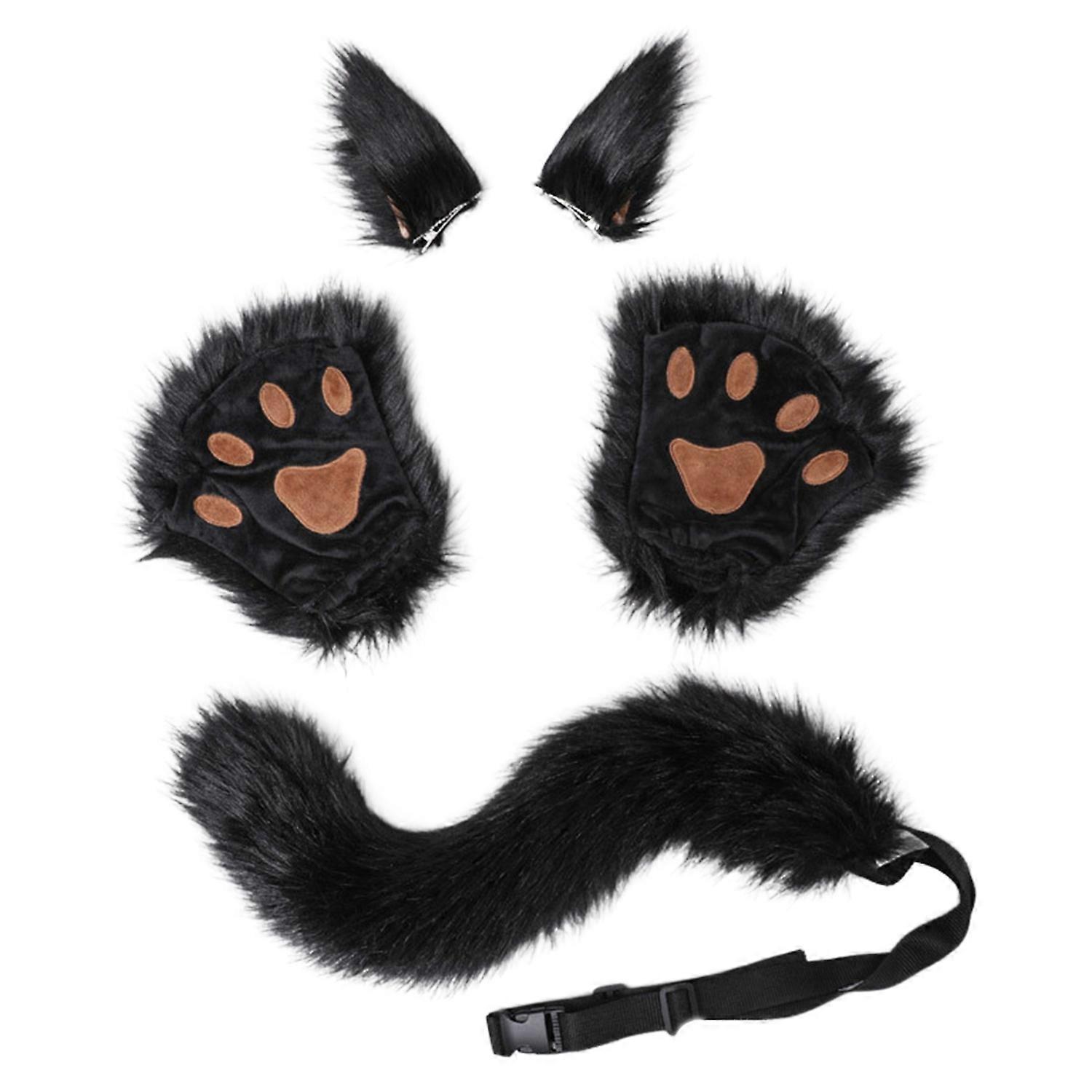 1 Set Cosplay Fake Fox Tail Hairpin Paw Gloves Soft Fuzzy Plush Adjustable Waist Circumference