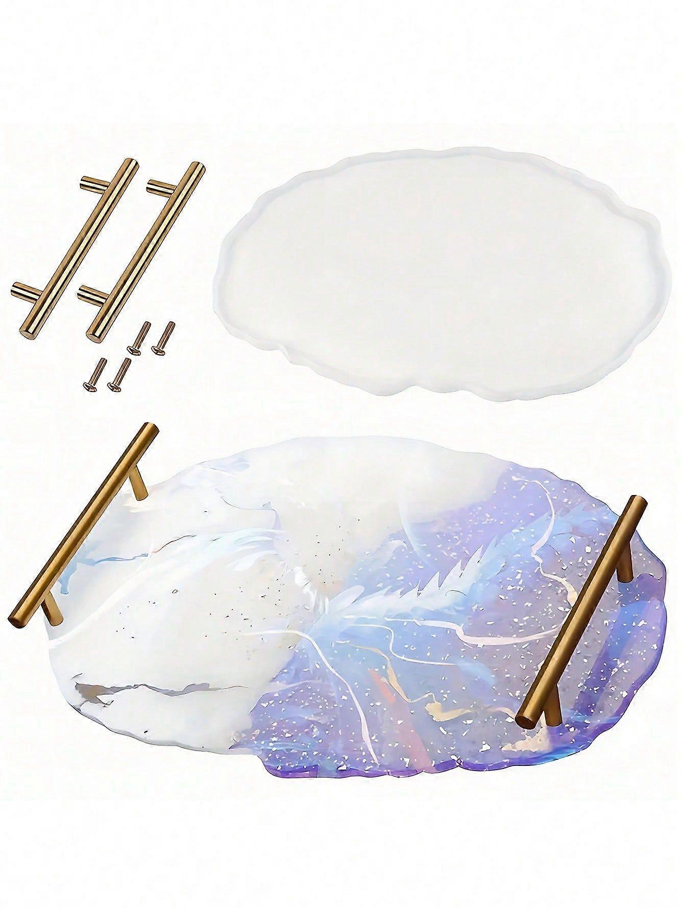 1 قطعة سيليكون راتنج صينية قالب غير متماثل بيضاوي الشكل قالب لفن الراتنج DIY ، مع 2 مقابض معدنية قالب صب الايبوكسي ، صينية المجوهرات الوقوف ديكور المنزل