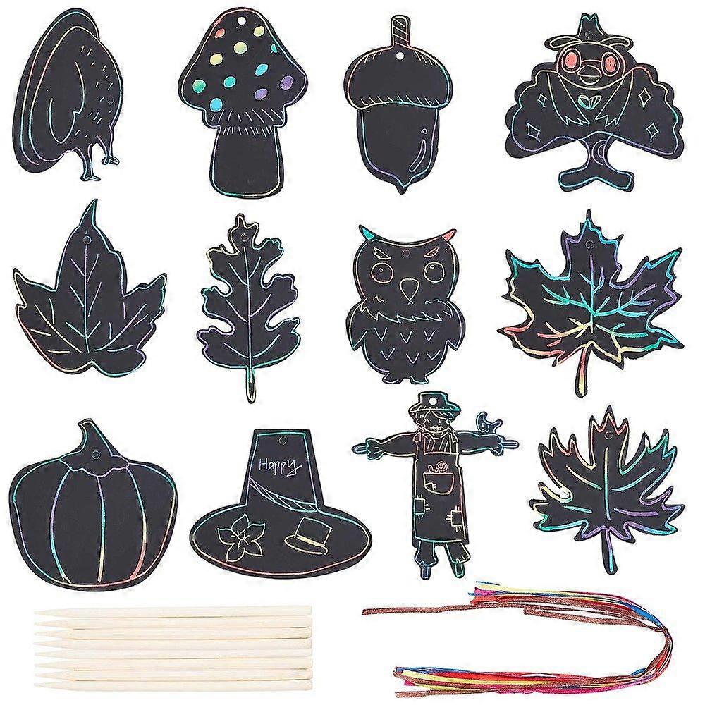 24Pcs 12 Styles Thanksgiving Fall Rainbow Scratch Paper Art Set Black Scratch It Off Magic Paper Crafts Supplies Hanging Decor Wooden Stylus for Bulk