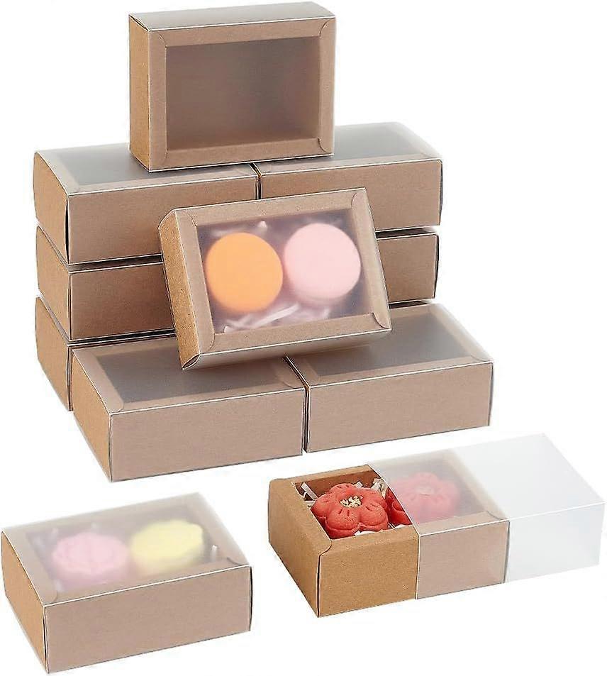 12 Pcs Rectangle Drawer Kraft Boxes 4.33x3.15x1.65 Inch Gift Packaging Case Foldable Paper Drawer Boxes with Frosted Clear Window for Party Favor Trea