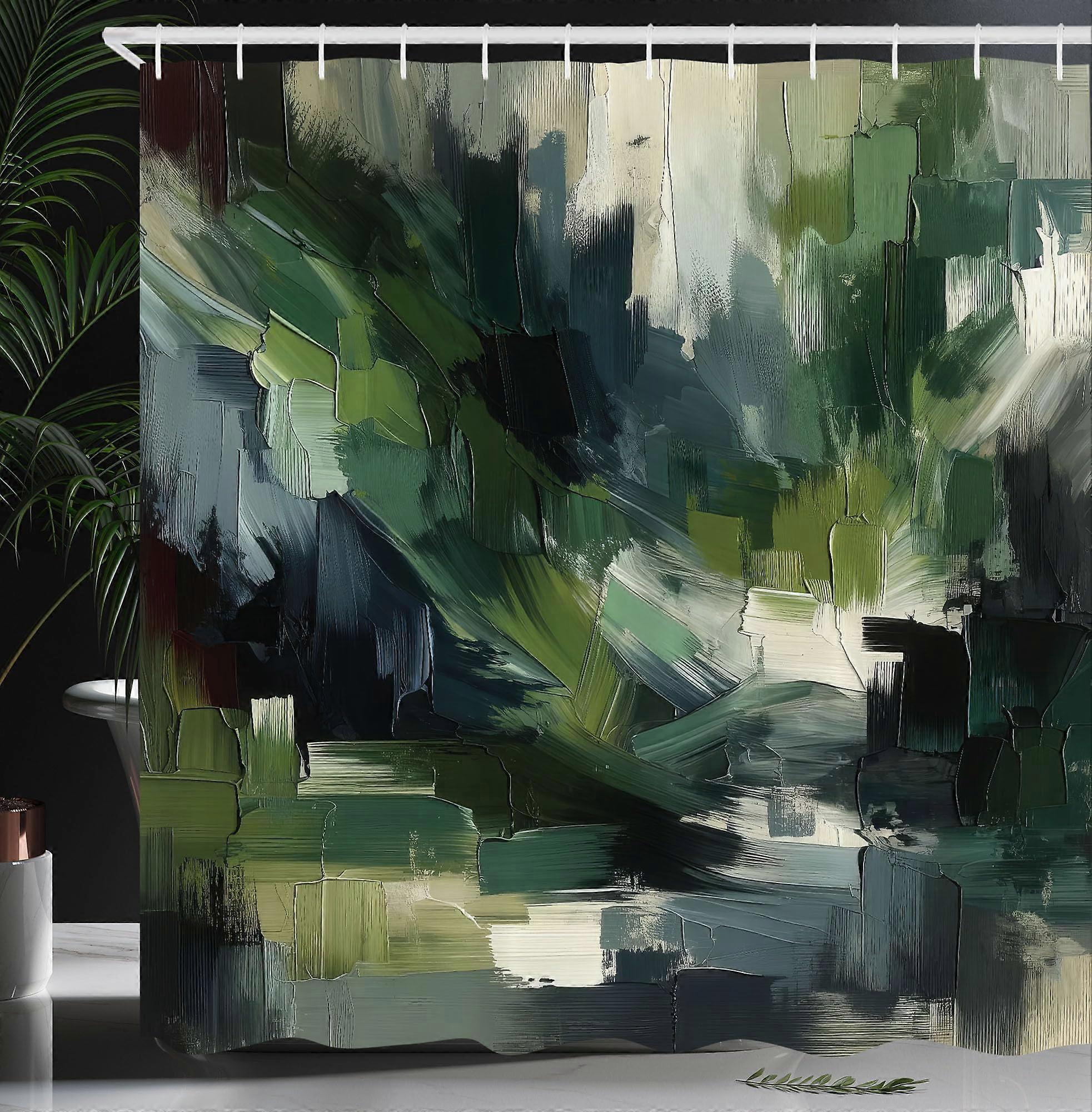 Shower Curtain Dark Green Abstract Painting Style With Brush Strokes Deep Nature Colors 69 W X 70 L