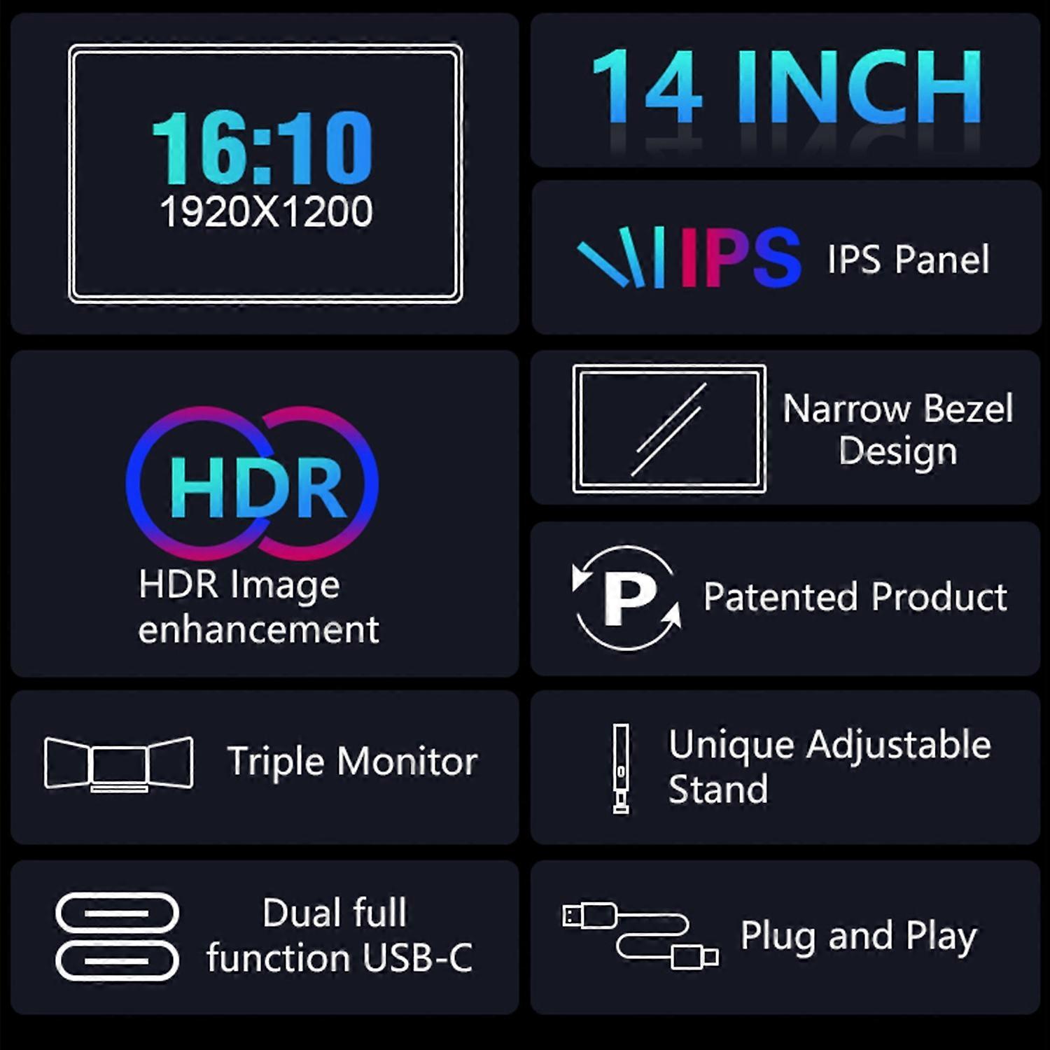 14 inch Portable Triple-screen Monitor Laptop Expansion Screen 1920*1200 Resolution Easy Installatio
