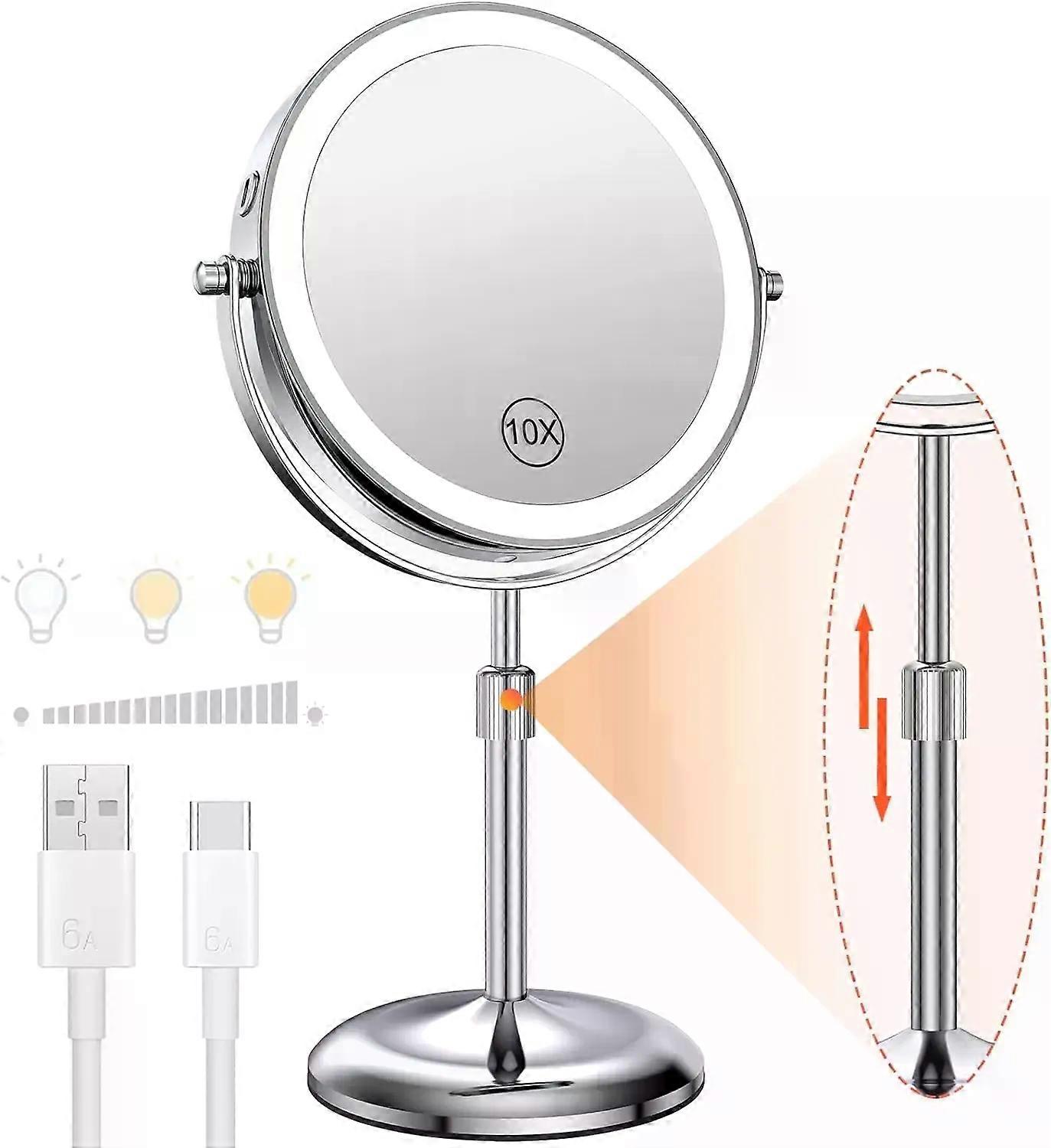 8 Inch Makeup Mirror With Light Lamp 10X Magnification 3 Color Lights,Adjustable Brightness Height Standing Cosmetic Mirror
