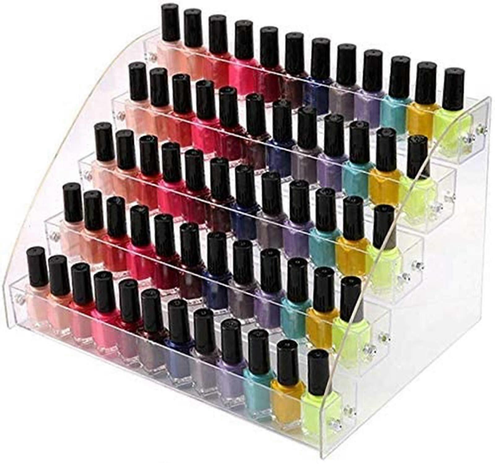 Transparent Acrylic Nail Polish Organizer Stand for Makeup Table, Clear, Multi-Compartment Design, Durable Material
