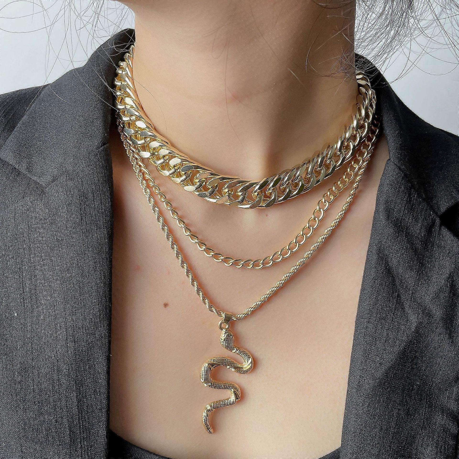 14k Gold Snake Necklace for Men, Chunky Cobra Design, Layered Cuban Chain, Punk Style Snake Jewelry