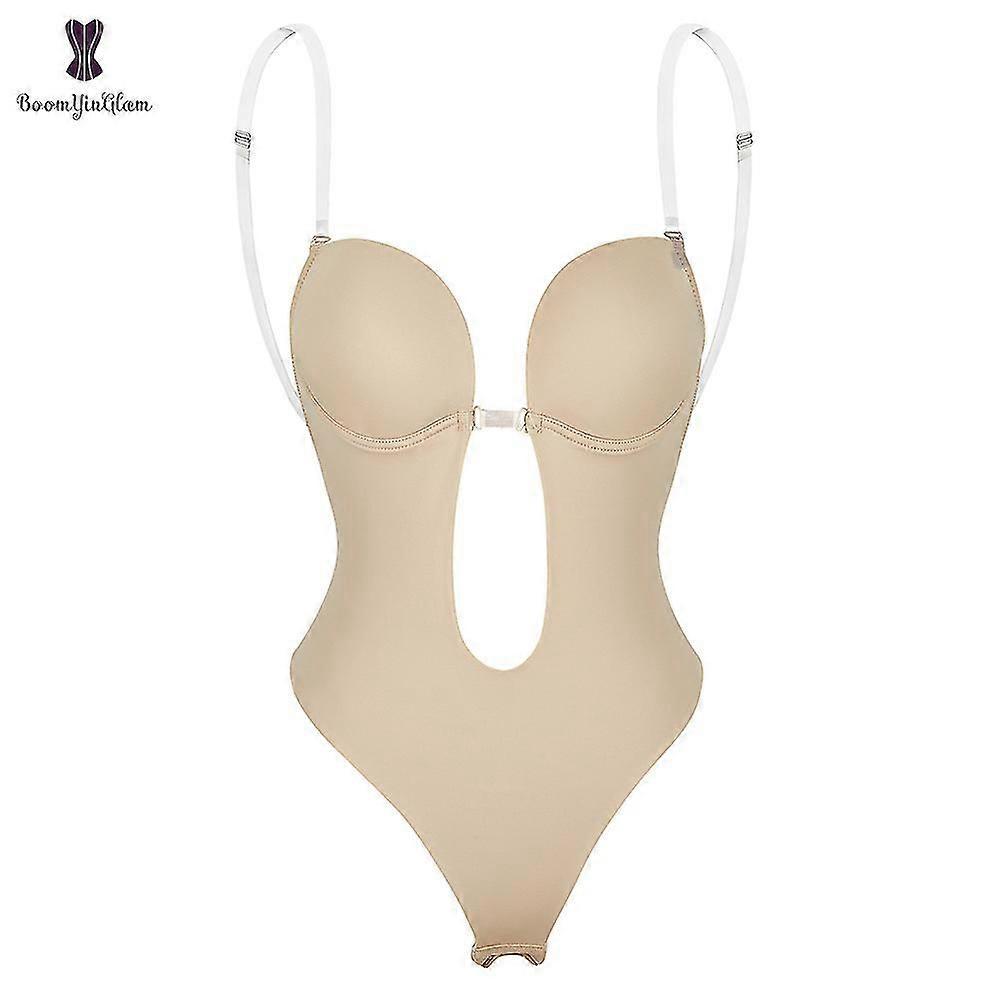 Body gainant à décolleté en V profond, dos nu, string plongeant en U, corset push-up rembourré à bretelles transparentes pour femmes